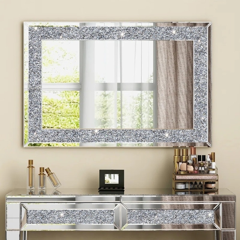 Rectangular Wall Mirror Wide Sparkly Crushed Crystal Frame