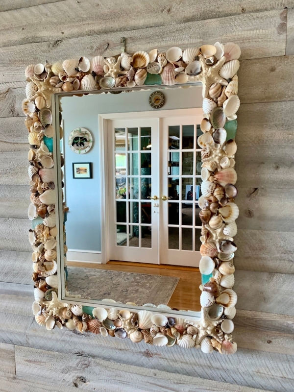 Rectangular Wall Mirror with Shell Mosaic and Seafoam Glass