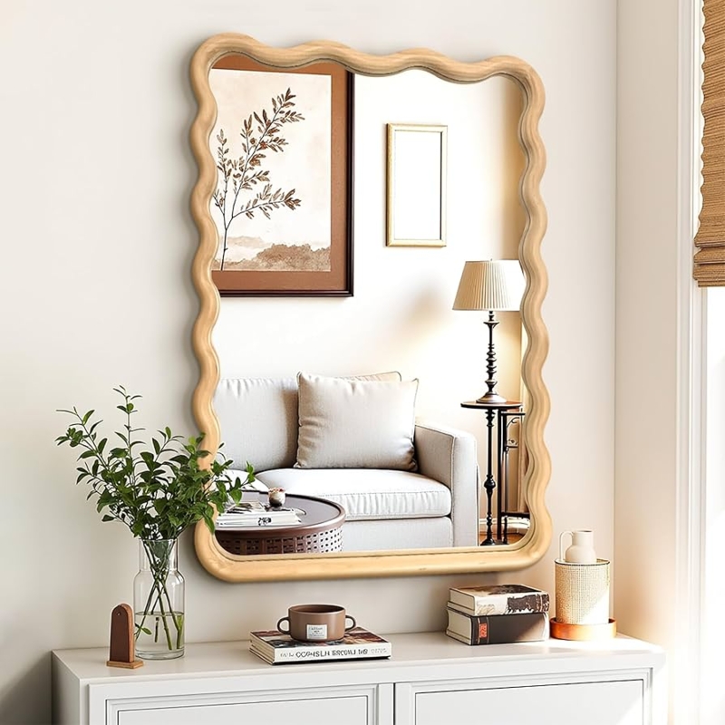 Rectangular Wall Mirror with Wavy Wood Frame and Scalloped Silhouette
