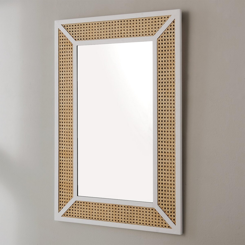 Rectangular Wall Mirror with Whitewashed Wood and Rattan Inlay