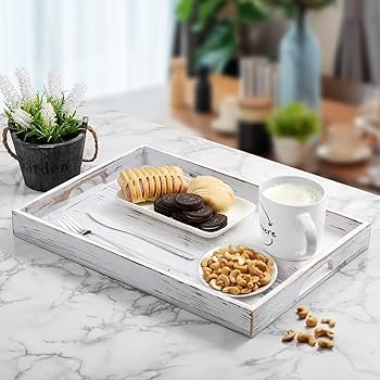 Rectangular Whitewashed Tray with Black Metal Handles, Rustic Decor