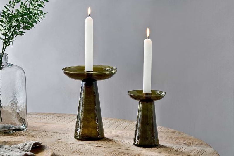 Recycled Forest Glass Candle Holder Ribbed Texture Organic Modern