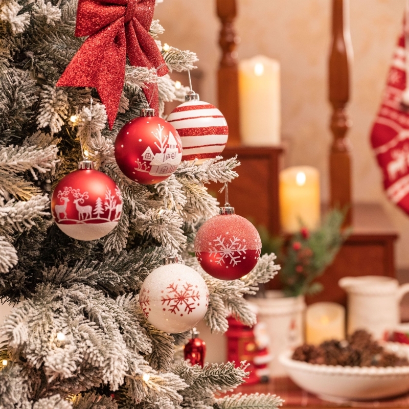 Red And White Christmas Ornaments, 16 Count Snowflake Pattern Set