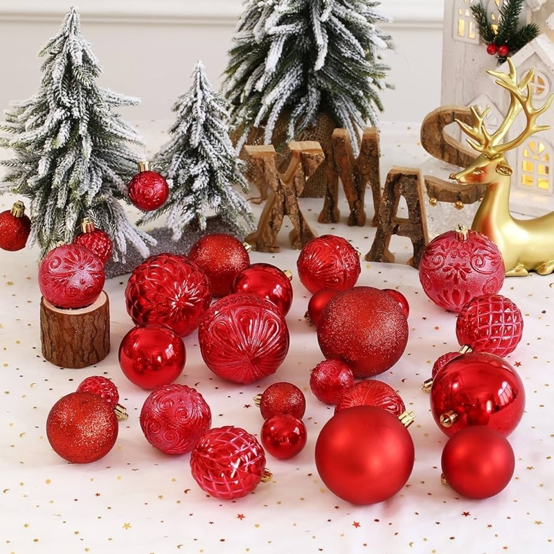 Red Ball Ornaments 36 Piece Set, Mixed Texture Glitter Snowflake