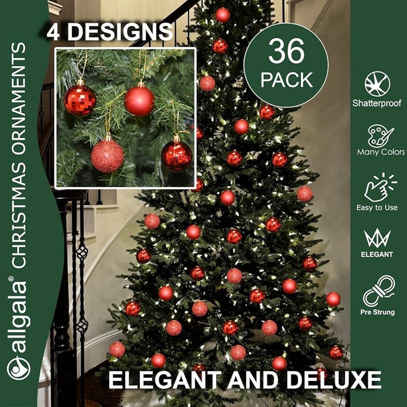 Red Christmas Ornaments Shatterproof Four Distinct Finishes Set