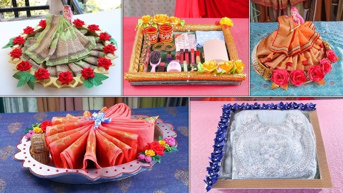 Red Festive Decorative Tray with Floral Border and Mesh Wrapped Tins.