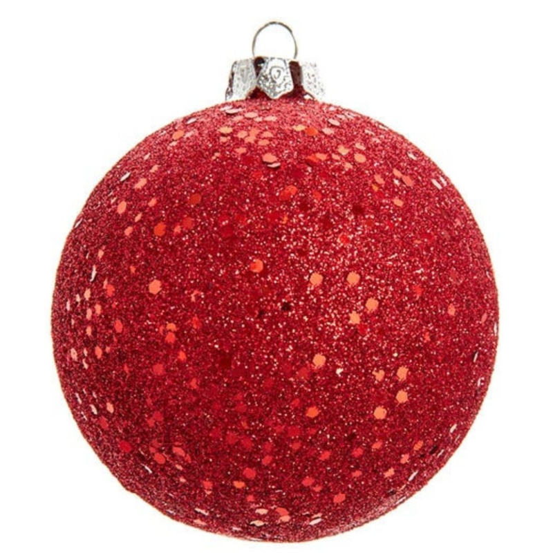 Red Glitter Ball Ornament, Vibrant Sparkling Finish Gold Cap Decor