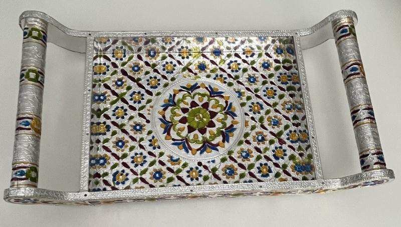 Red Meenakari Serving Tray Enamel Floral Pattern Gold Handles Circular
