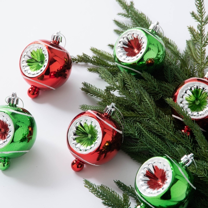 Reflector Ball Ornaments in Metallic Red Green and Silver
