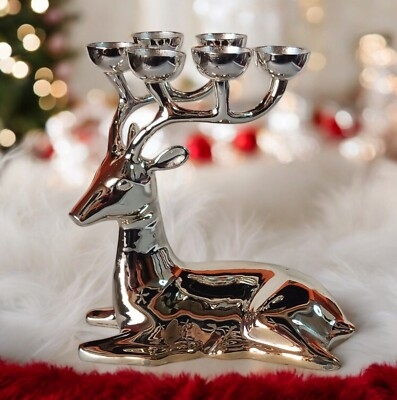 Reindeer Candle Holder Silver Plated Seated Silhouette Polished
