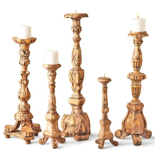 Renaissance Carved Pillar Candle Holder, Antique Gold Leaf Finish