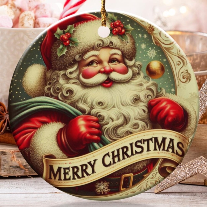 Retro Ceramic Santa Head Ornament Glossy Hand-Painted Vintage Style