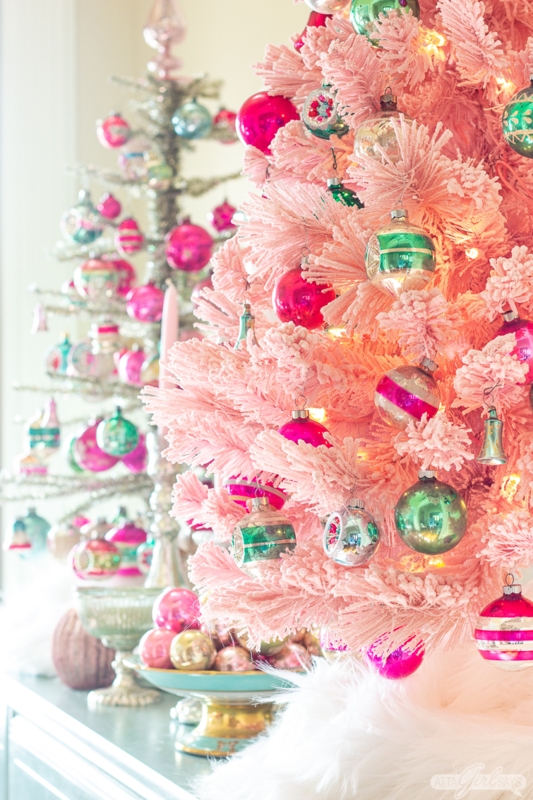 Retro Pink Artificial Christmas Tree with Vintage Glass Ornaments.
