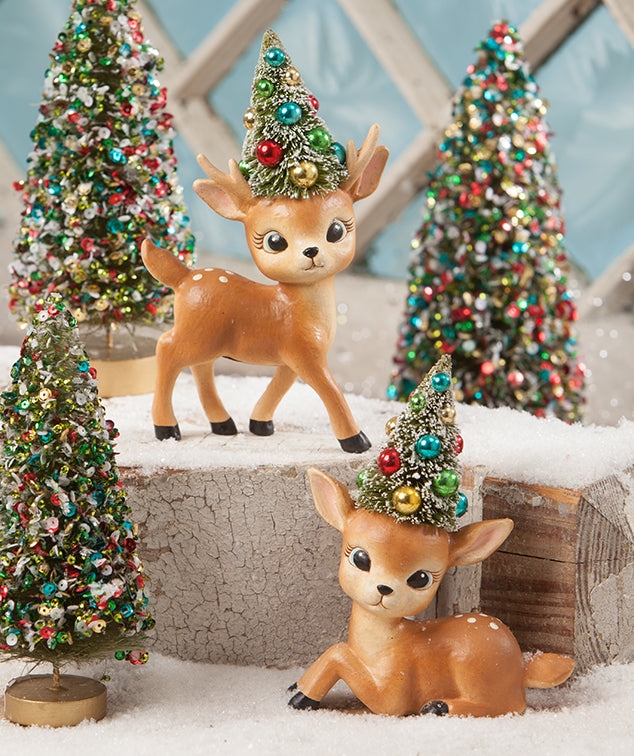 Retro Reindeer Figurines Ivory and Gold with Colorful Accents Decor