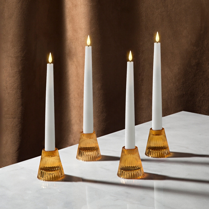 Reversible Amber Glass Candle Holder Set, Modern Geometric Design