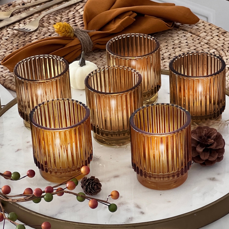 Ribbed Amber Glass Votive Candle Holder Set for Ribbed Glass Votive Centerpieces.