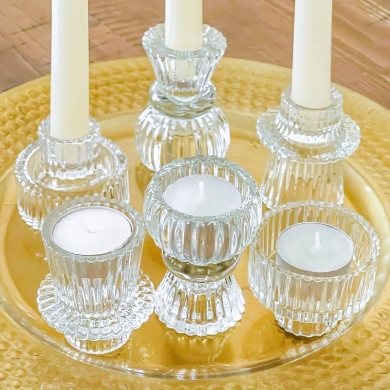 Ribbed Glass Candle Holder Set Clear Set of 6 Pedestal Vintage