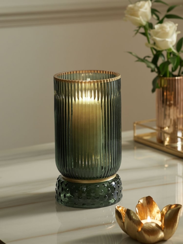 Ribbed Glass Hurricane Candle Holder Forest Pillar Decor Cozy Light