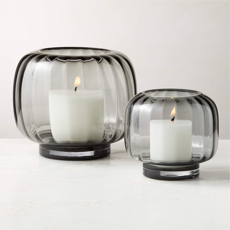 Ribbed Glass Hurricane Candle Holders Smoky Grey Lantern Set