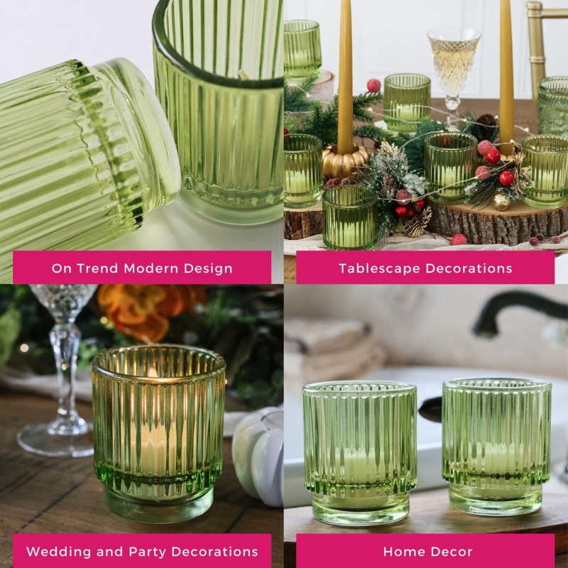 Ribbed Green Glass Votive Candle Holder (Set of 6) | Kate Aspen