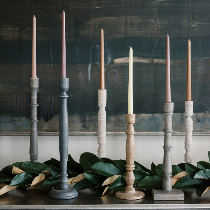 Ribbed Wood Tapered Candle Holder Dark Grey Flared Base Scandi Style