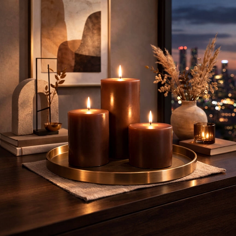 Rich Chocolate Tone Pillar Candle Set, Graduated Heights, Earthy Styling.