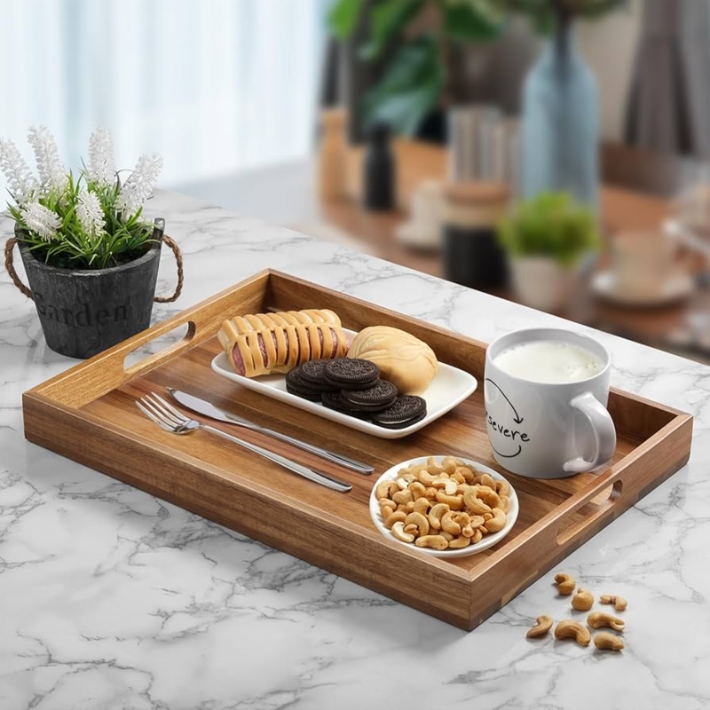 Rich Wood Grain Serving Tray with Cutout Handles for Breakfast in Bed