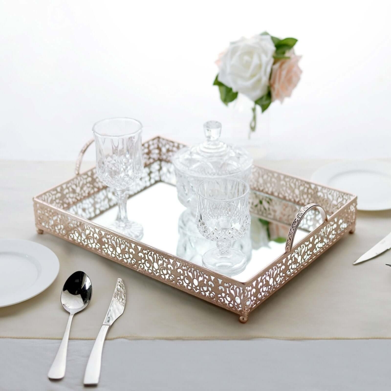 Rose Gold Decorative Tray with Lace Cut Sides and Mirrored Base.
