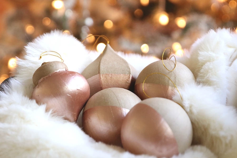 Rose Gold Dipped Glass Holiday Ornaments with Clear Glass Top and Metallic Finish