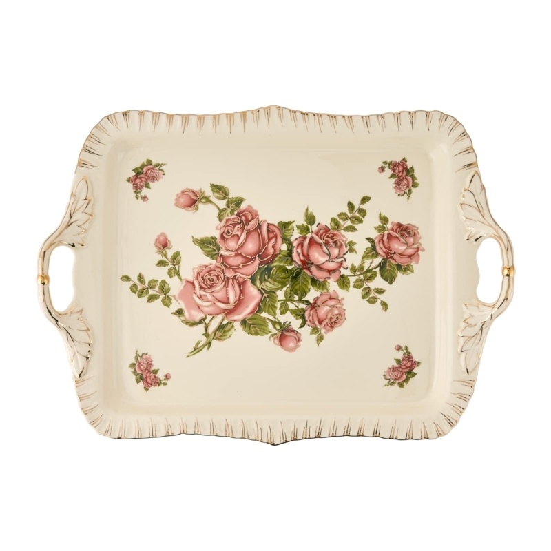 Rose Motif Ceramic Serving Tray with Gold Handles, Floral Serving Tray