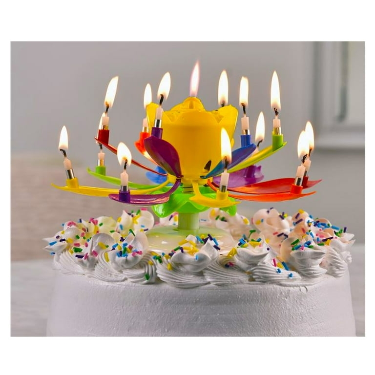 Rotating Lotus Flower Musical Birthday Candle Pink Cake Topper