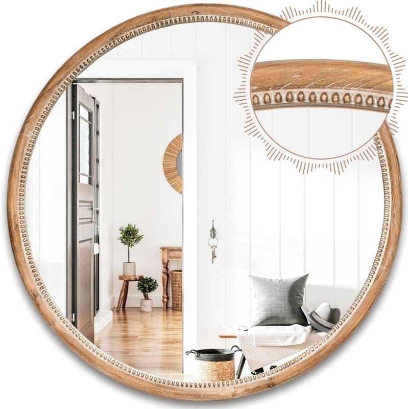 Round Accent Mirror with Distressed Woodgrain Scrollwork Frame