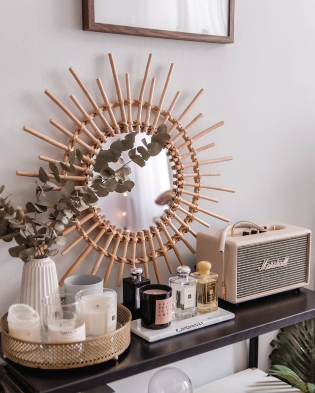 Round Accent Mirror with Woven Rattan Petal Frame, Openwork Design