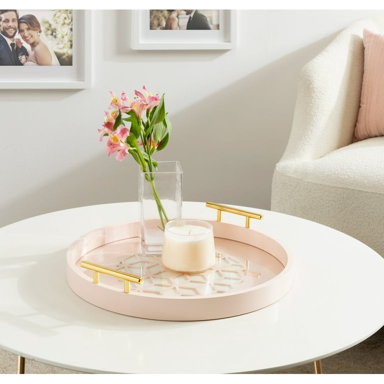Round Blush Pink Tray with Polished Handles, Chic Vanity Accent