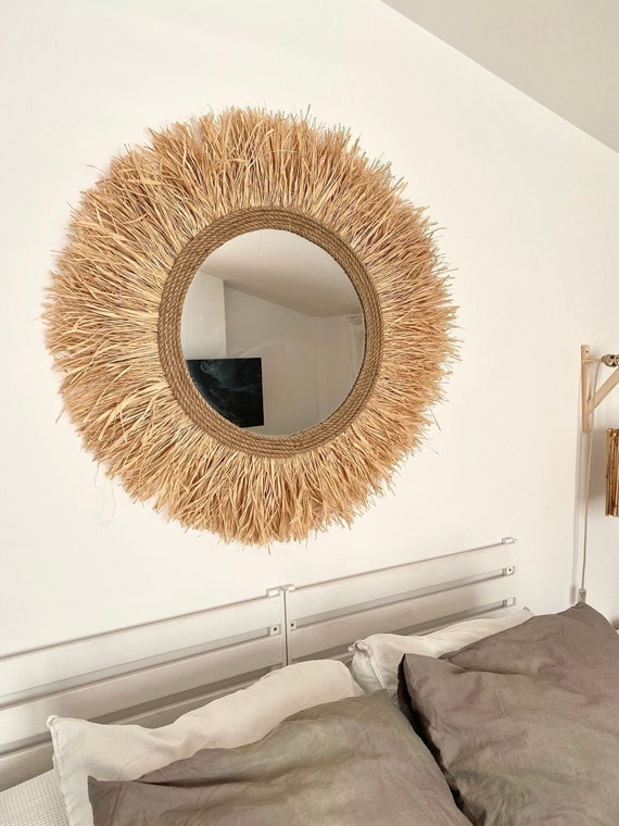 Round Boho Wall Mirror with Shaggy Raffia Fringe, Natural Fiber Decor