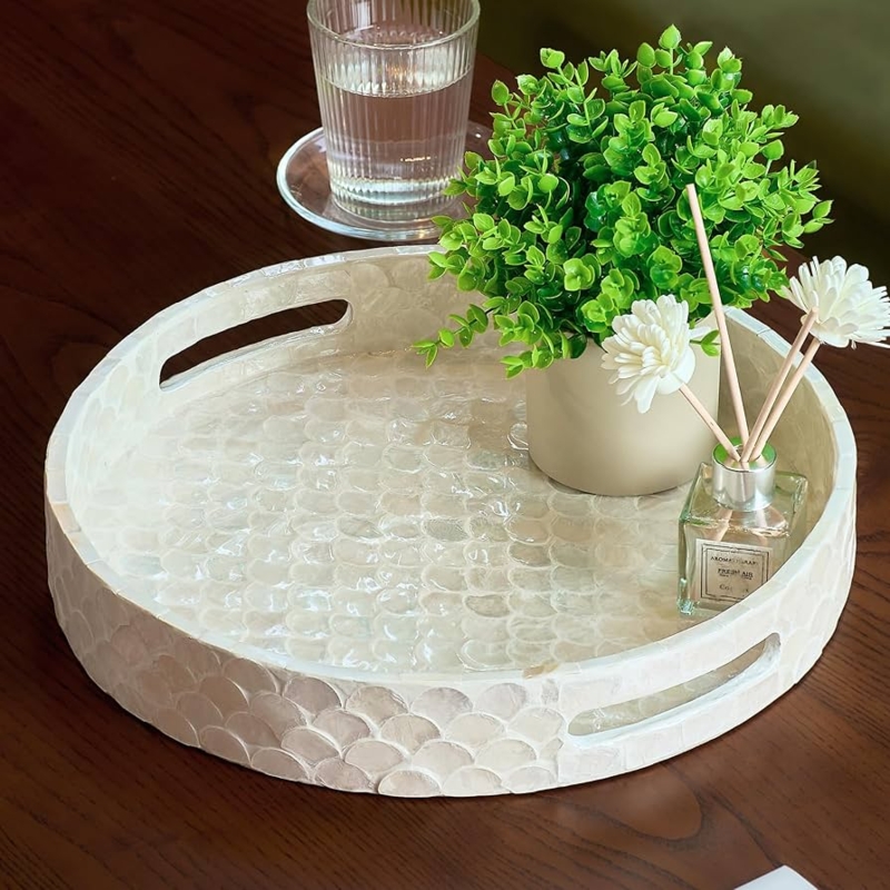 Round Capiz Shell Tray with Shimmering Inlay and Black Handles