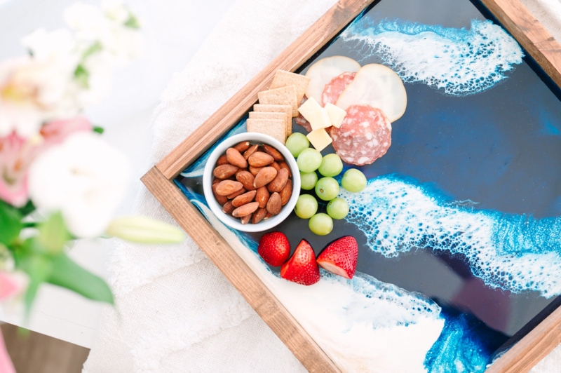 Round Charcuterie Board with Integral Handle, Coastal Resin Charcuterie Board