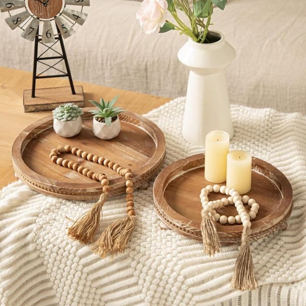 Round Dark Espresso Wood Decorative Tray for Modern Farmhouse Decor