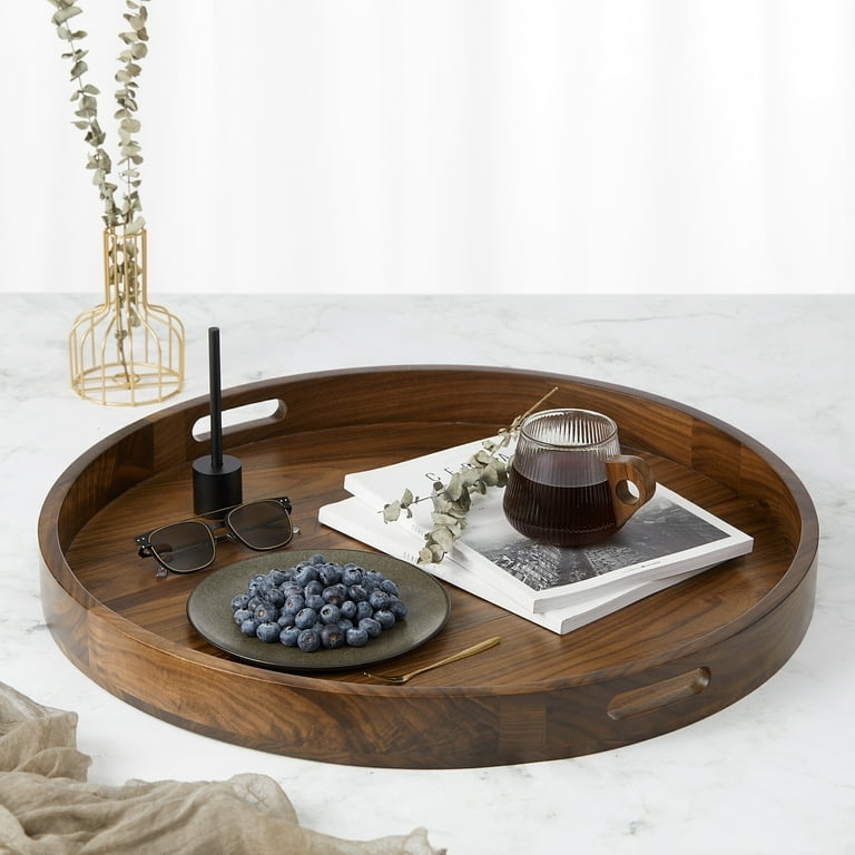 Round Dark Walnut Serving Tray for Coffee Table Styling