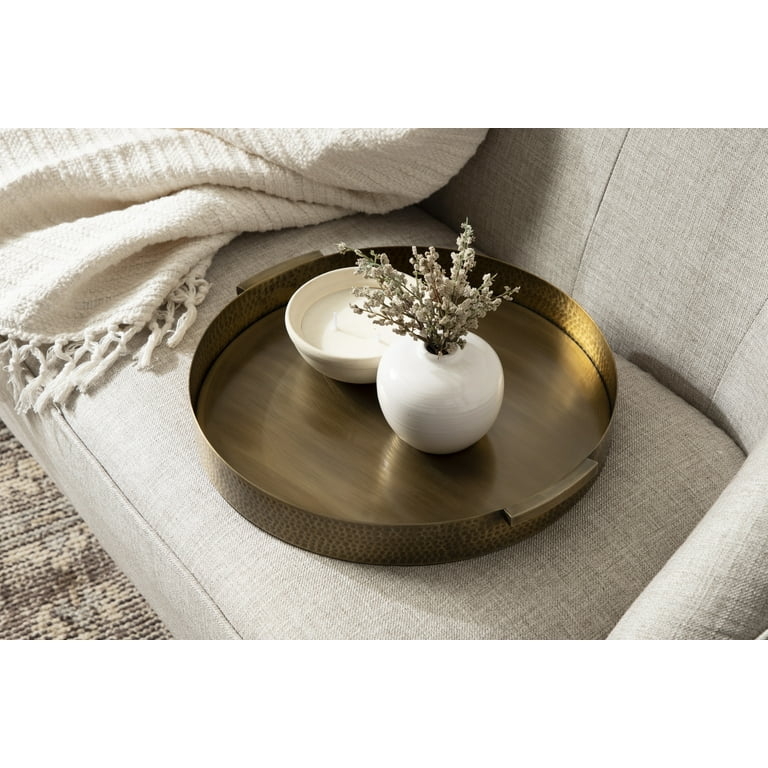 Round Decorative Tray Antique Brass Hammered Minimalist Handles