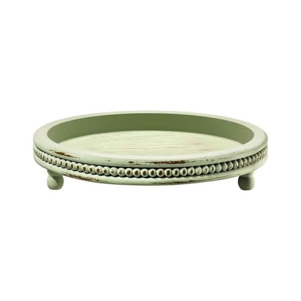 Round Decorative Tray Beaded Rim Painted Wood Matte Finish Boho Chic