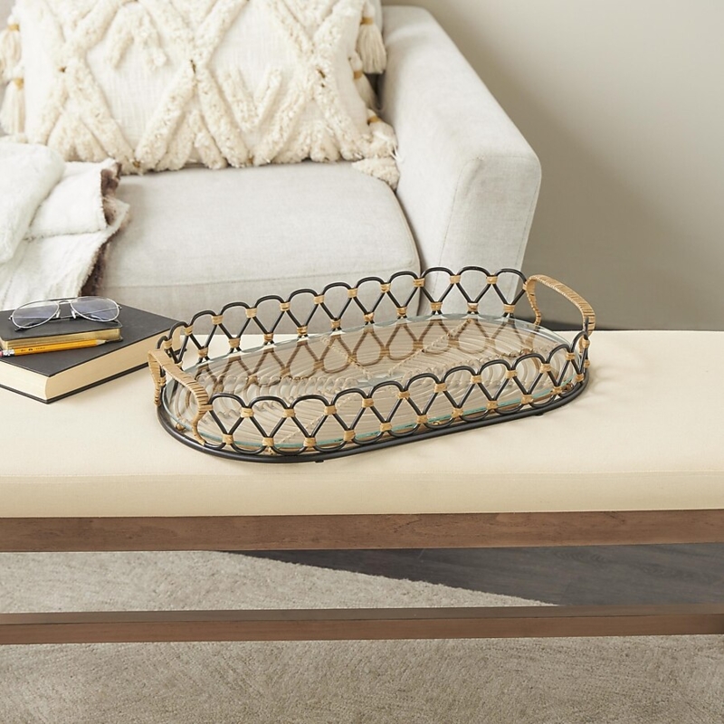 Round Decorative Tray Black Metal Mesh Walls Wooden Grip Handles