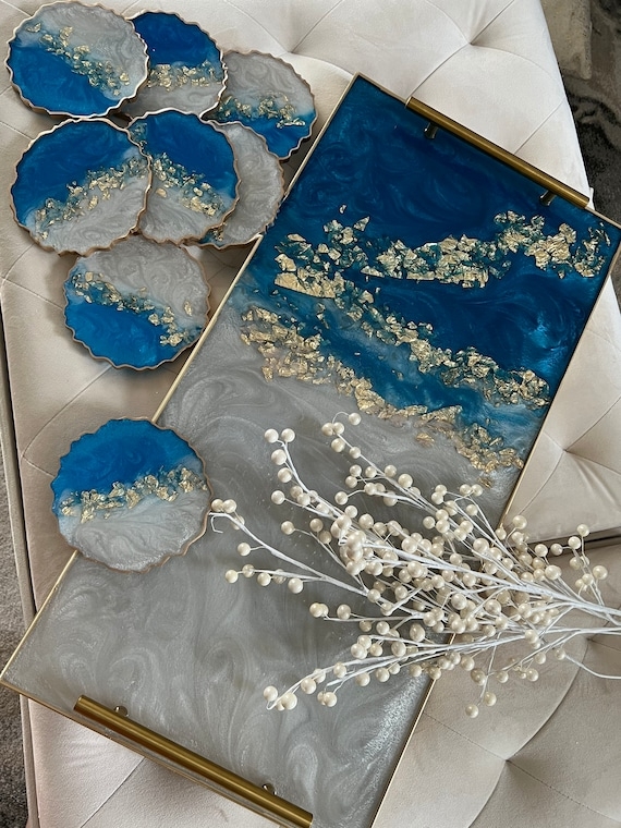 Round Decorative Tray Blue and Gold Marbled Resin Gold Curved Handles