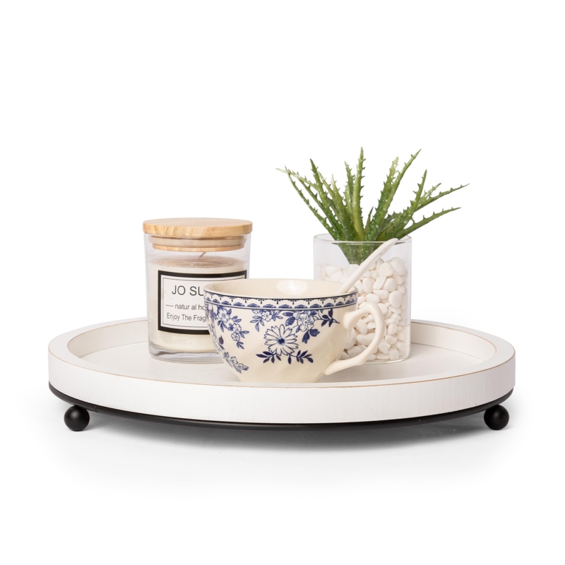 Round Decorative Tray: Farmhouse Style Wood with Black Metal Handles