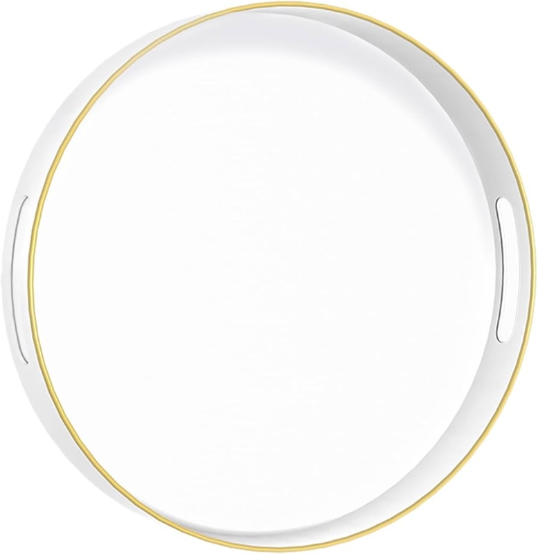 Round Decorative Tray Glossy Marbled Pattern Gold Handles