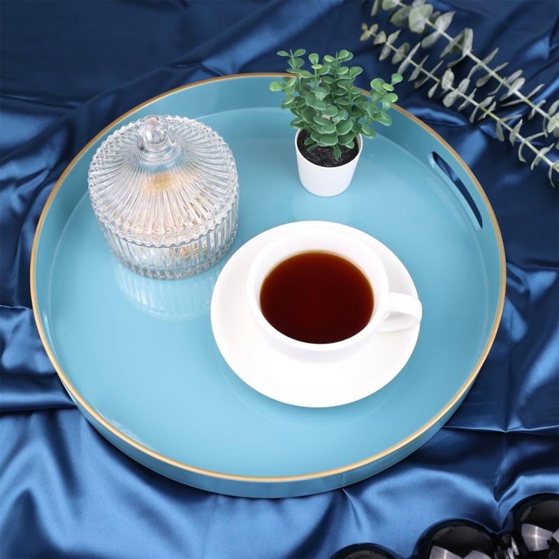 Round Decorative Tray Gold Metal Handles Modern Ottoman Styling