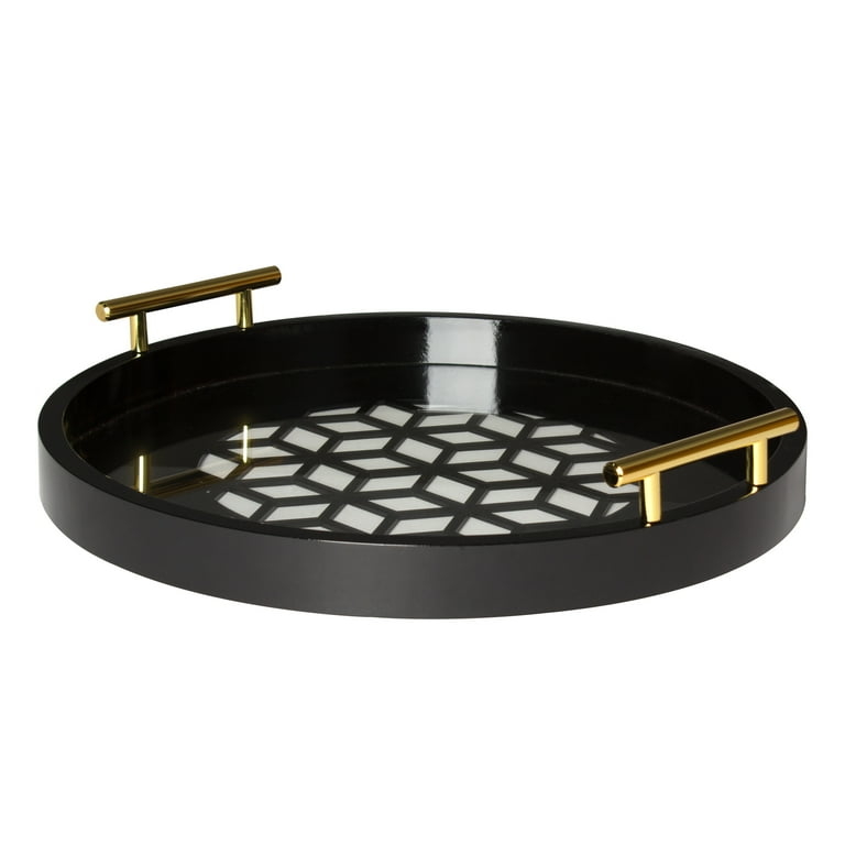 Round Decorative Tray Matte Black Finish Polished Gold Metal Handles