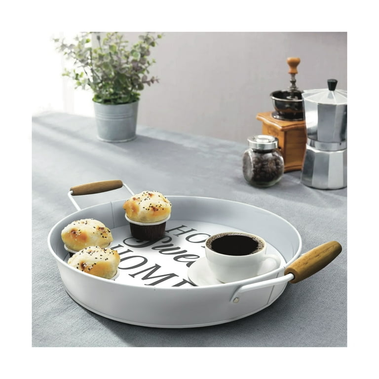 Round Decorative Tray Matte White Metal Natural Wood Handles Minimalist