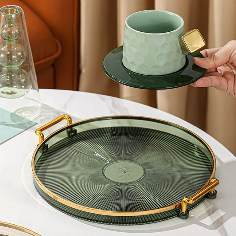 Round Decorative Tray Olive Green Matte Integrated Gold Handles Decor