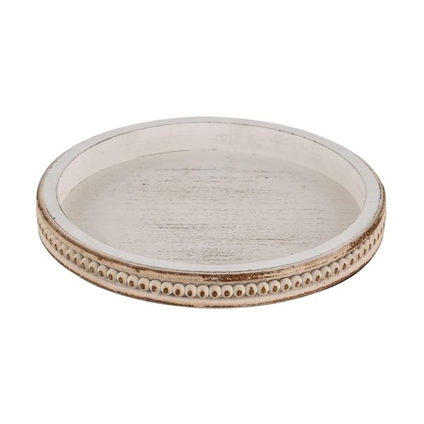 Round Decorative Tray: Rustic Wood Finish and Beaded Surface Detail